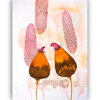 Original watercolor beauty best nature botany art modern Marta Konieczny, for gift present, for children, for women, pink, lowers, landscape, orange, botany forms, plants